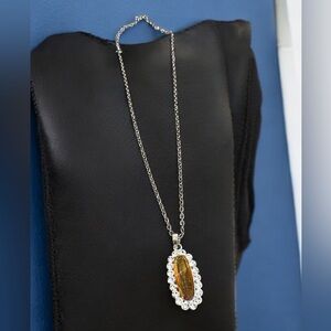 Vintage Sterling Silver Amber with Rhinestones Pendant Chain Necklace